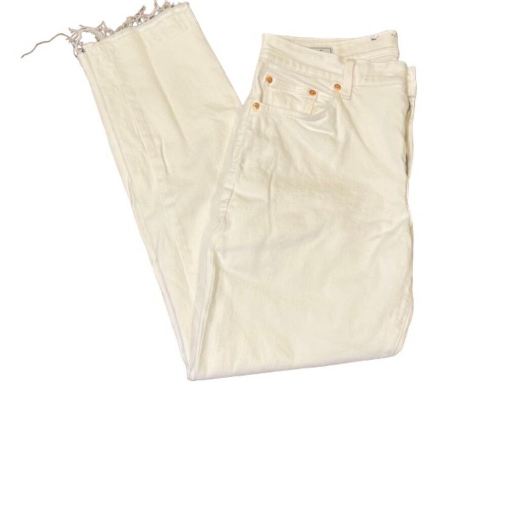 GAP‎ Girlfriend Mid Rise Pants Distressed Raw Hem Ankle Denim White 8